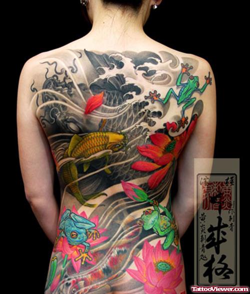 Color Ink Japanese Asian Tattoo On Back For Girls