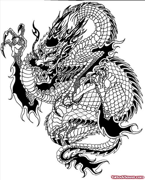 Attractive Grey Ink Asian Dragon Tattoo Design