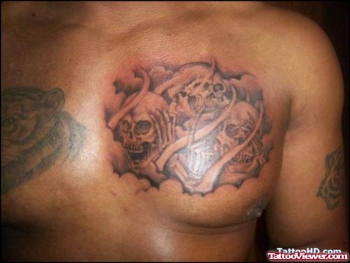 Grey Ink Asian Tattoos On Man Chest
