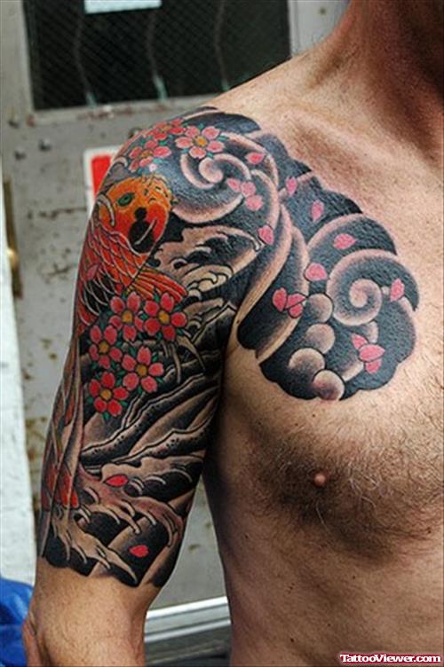 Japanese Asian Tattoo On Man Right Shoulder And Chest