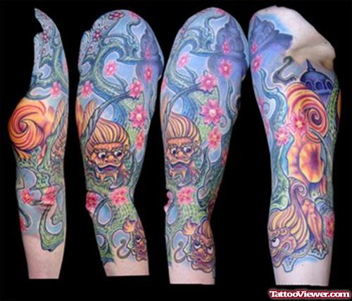 Colored Asian Tattoo Design For Sleeve