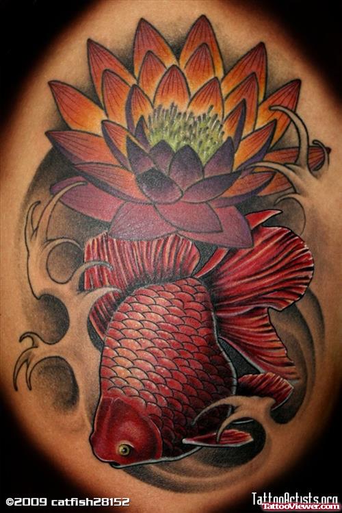 Color Ink Lotus Flower And Koi Asian Tattoo