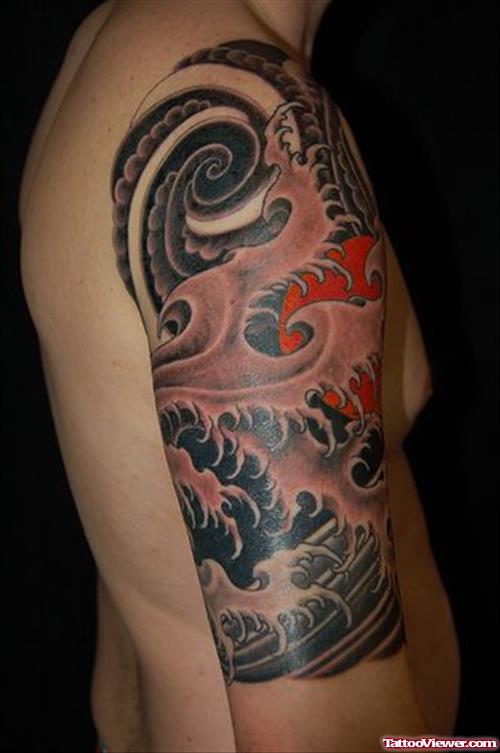 Color Ink Asian Tattoo On Man Right Half Sleeve
