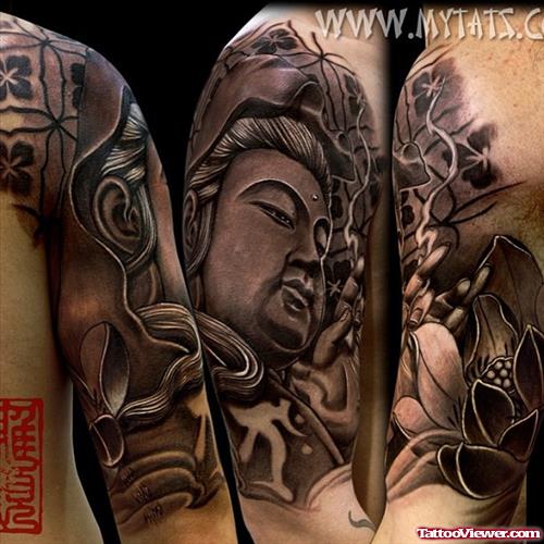Attractive Grey Ink Asian Buddha Tattoo On Half Sleeve