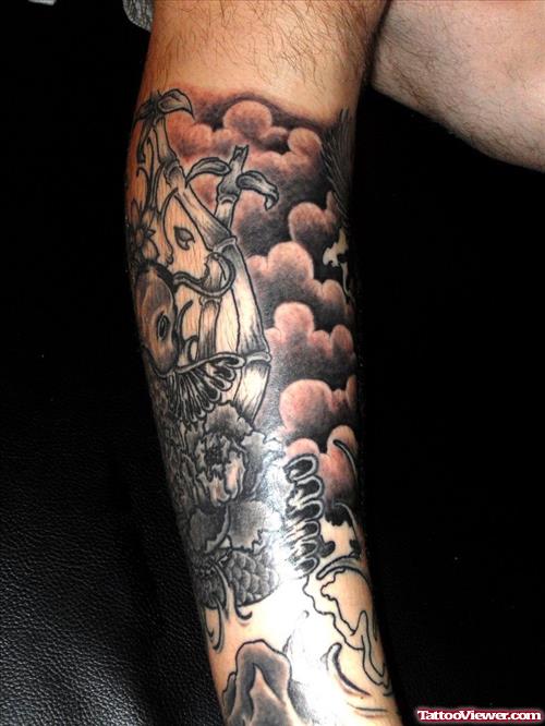 Amazing Grey Ink Asian Tattoo On Sleeve