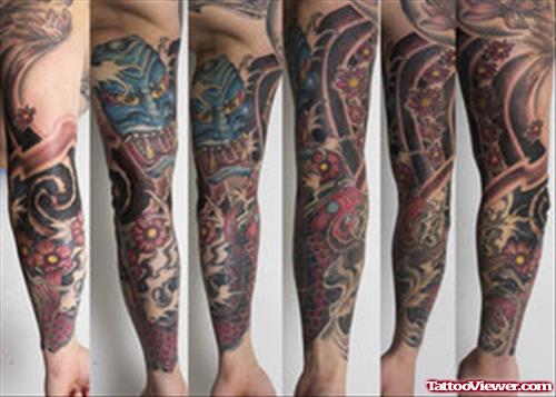 Amazing Color Ink Asian Tattoo On Sleeve