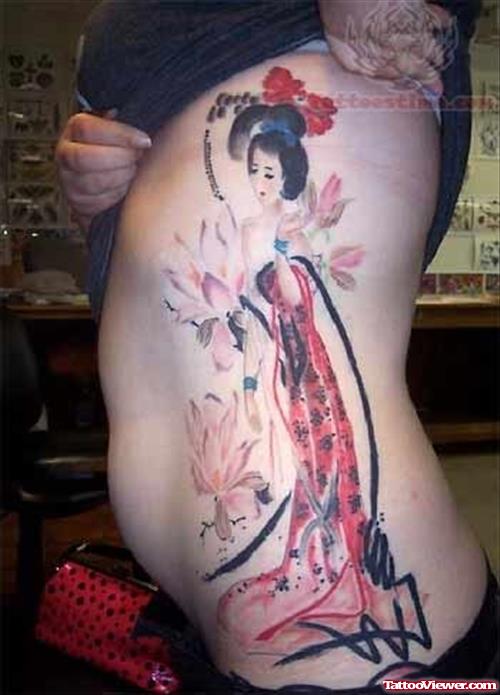 Asian Lady Tattoo On Rib
