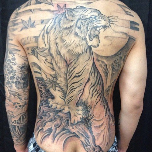 Awesome Grey Ink Asian Tattoo On Back Body