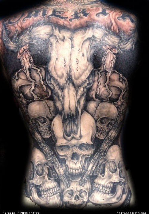 Grey Ink Skull and Asian Wild Animals Tattoo Design