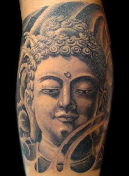 Grey Ink Asian God Gautam Buddha Tattoo