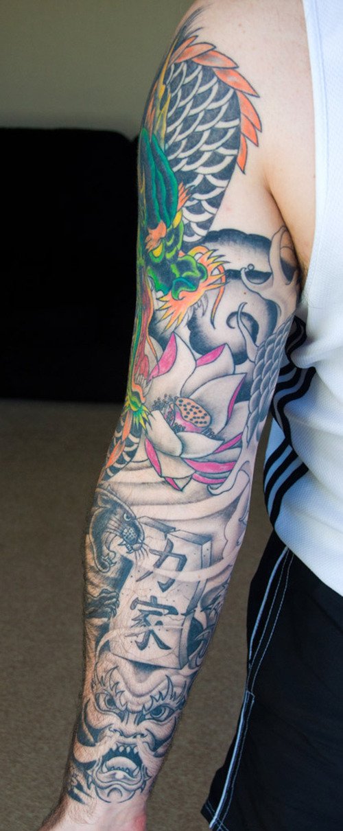 Cool Color Ink Asian Tattoo On Sleeve