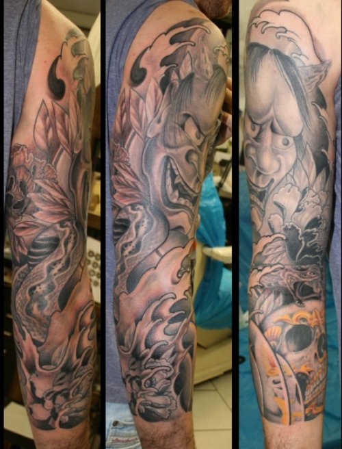 Awesome Grey Ink Asian Tattoo On Full Sleeve