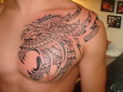 Grey Ink Asian Tattoo On Man Chest