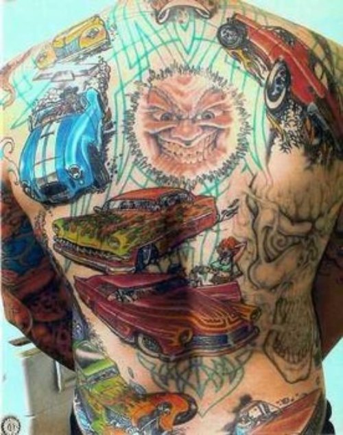 Colored Automobile Tattoos On Man Back Body