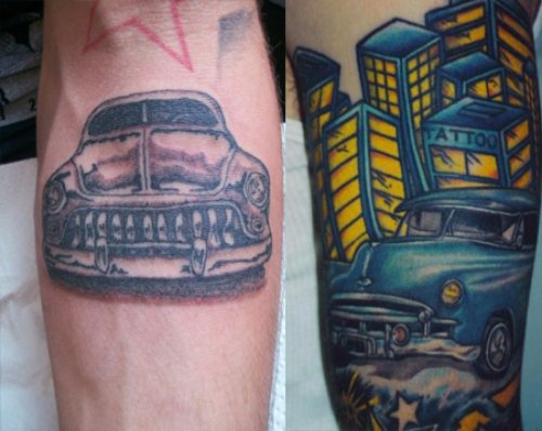 Grey Ink Automobile Car Tattoo On Arm