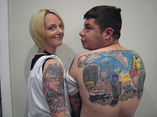 Girl And Men With Automobile Tattoos On Back