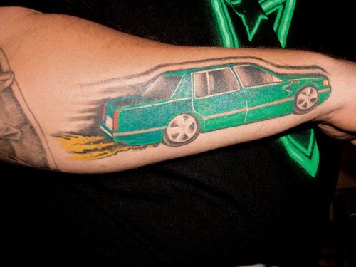 Green Car Automobile Tattoo On Right Arm