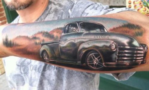 Man Left Sleeve Automobile Tattoo