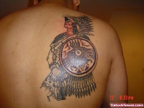 Aztec Warrior Tattoo On Man Back Shoulder