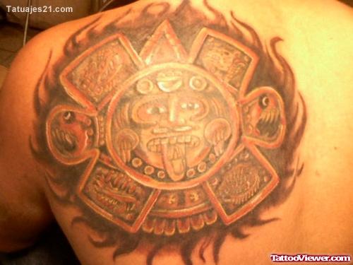 Aztec Sun Tattoo On Left Back Shoulder