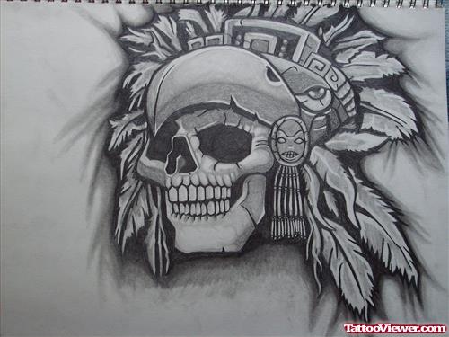 Aztec Skull With Feathers Tattoo