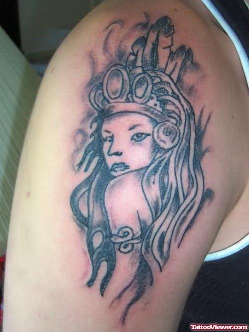 Good Aztec Girl Head Tattoo On Half Sleeve
