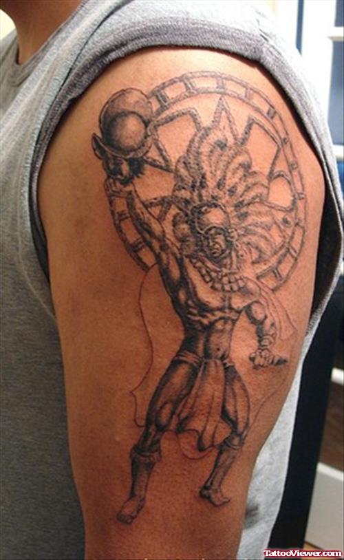 Cool Grey Ink Aztec Tattoo On Left Half Sleeve