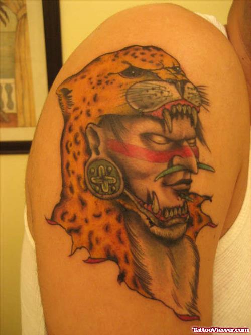 Aztec Jaguar Head Tattoo On Half Sleeve