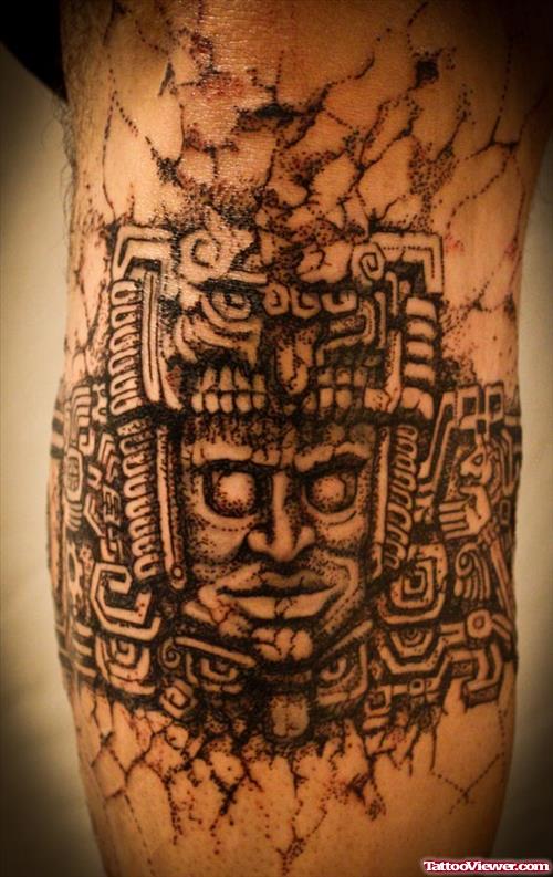 Grey Ink Aztec Tattoo On Half Sleeve