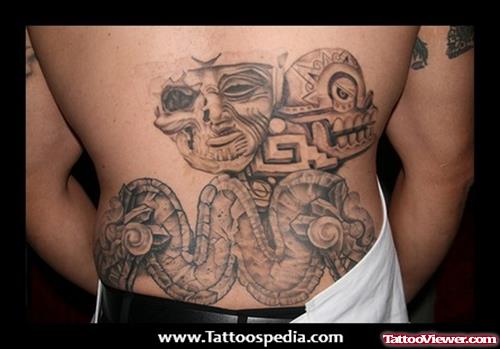 Grey Ink Aztec Back Tattoo
