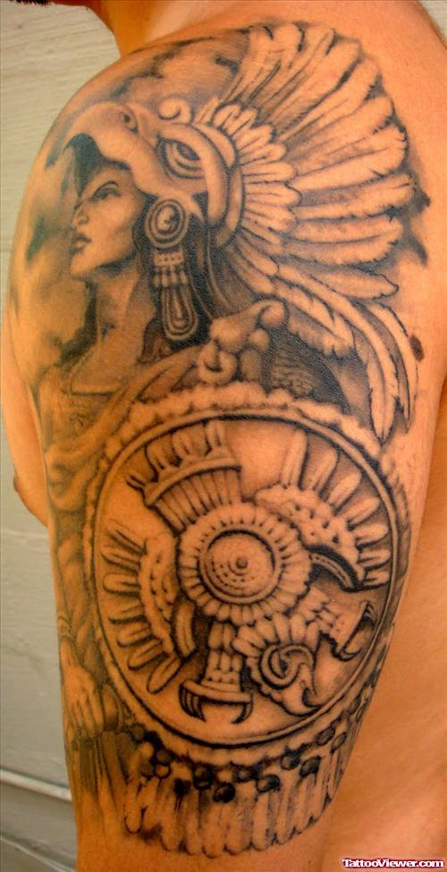Aztec Warrior Tattoo On Left Half Sleeve