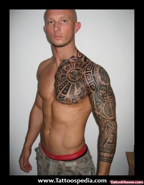 Aztec Chest And Sleeve Tattoo For Men