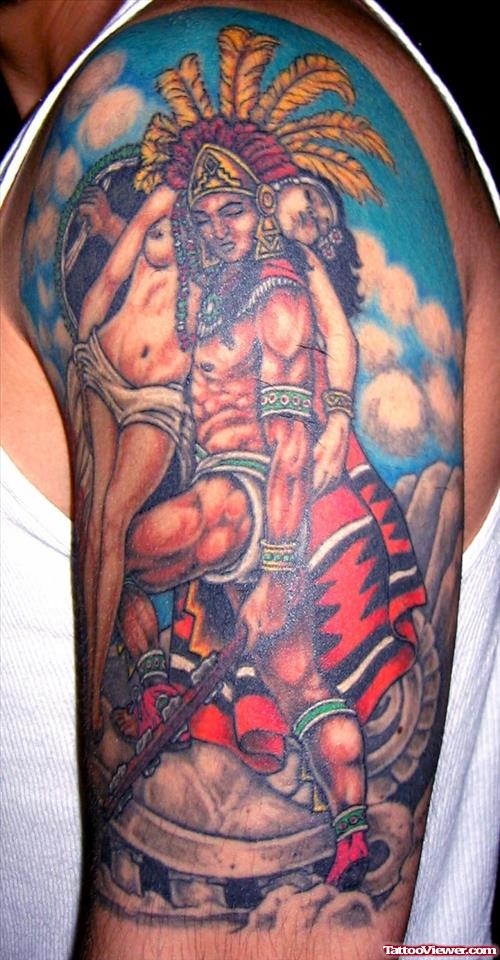 Left Half Sleeve Aztec Warriors Tattoo