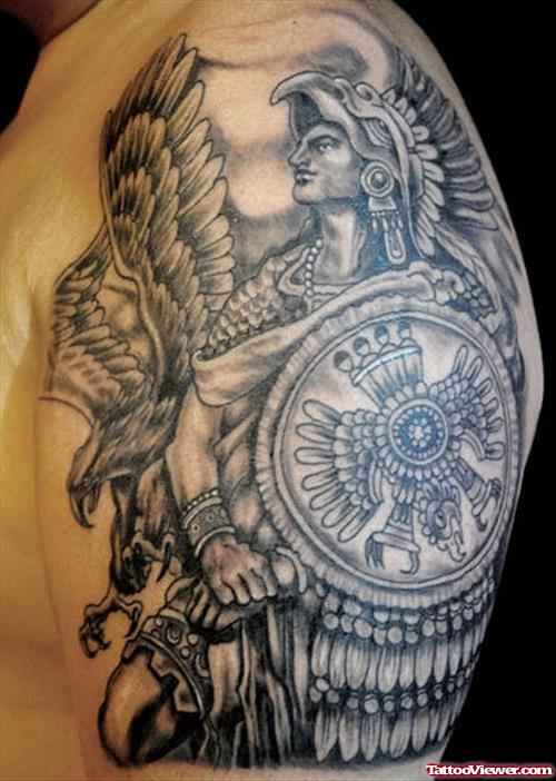 Grey Ink Aztec Warrior Tattoo On Half Sleeve