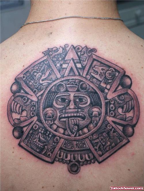 Grey Ink Aztec Tattoo On Upperback