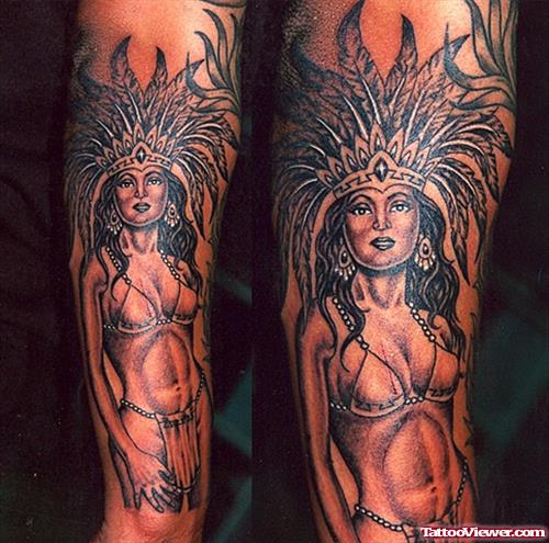 Grey Ink Aztec Girl Tattoo On Sleeve