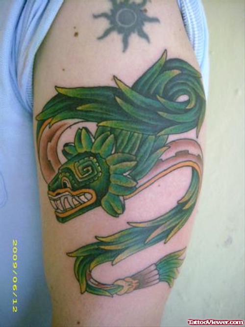 Green Ink Aztec Tattoo On Half Sleeve
