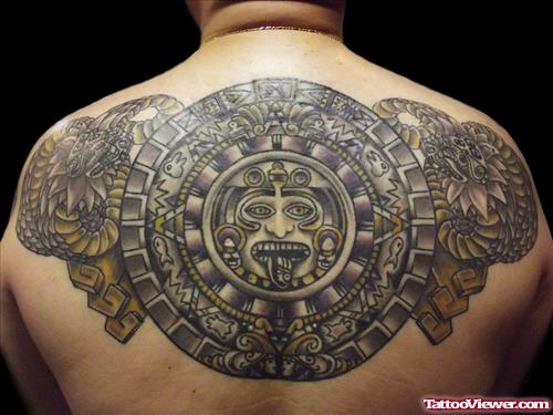 Grey Ink Aztec Upperback Tattoo