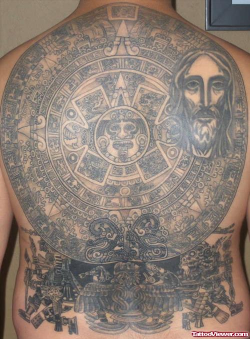 Grey Ink Aztec Tattoo On Full Back