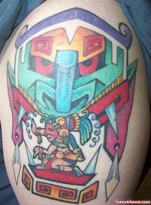 Colored Aztec Shoulder Tattoo