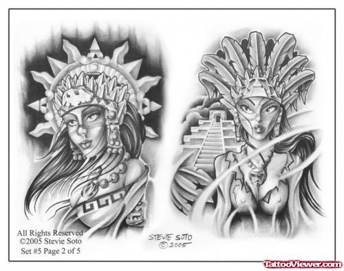Aztec Warrior Girls Tattoos Design