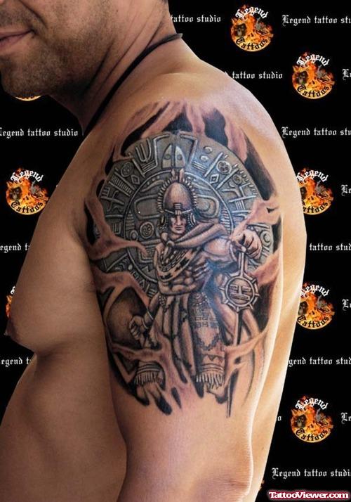 Grey Ink Warrior Aztec Tattoo On Left Shoulder
