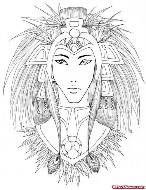Classic Aztec Girl Head Tattoo Design.
