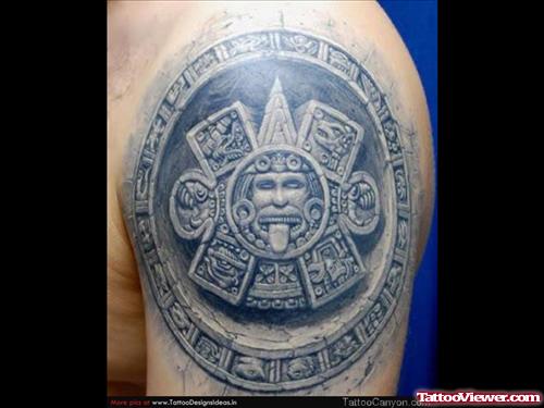 Amazing Grey Ink Aztec Tattoo On Left Shoulder