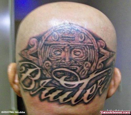 Grey Ink Aztec Tattoo On Back Head