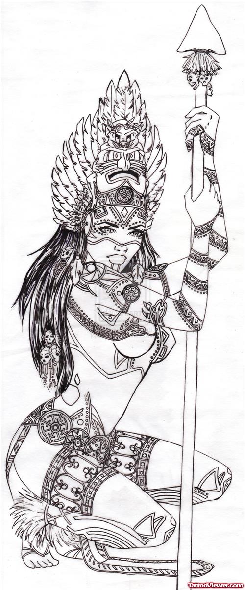 Aztec Warrior Girl Tattoo Design