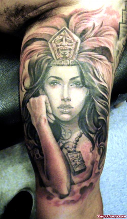 Aztec Girl Tattoo On Half Sleeve