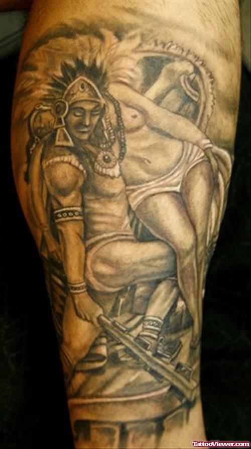 Grey Ink Aztec Warrior Tattoos