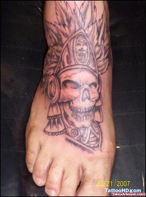 Grey Ink Aztec Tattoo On Right Foot