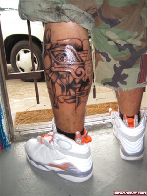 Grey Ink Aztec Tattoo On Left Leg